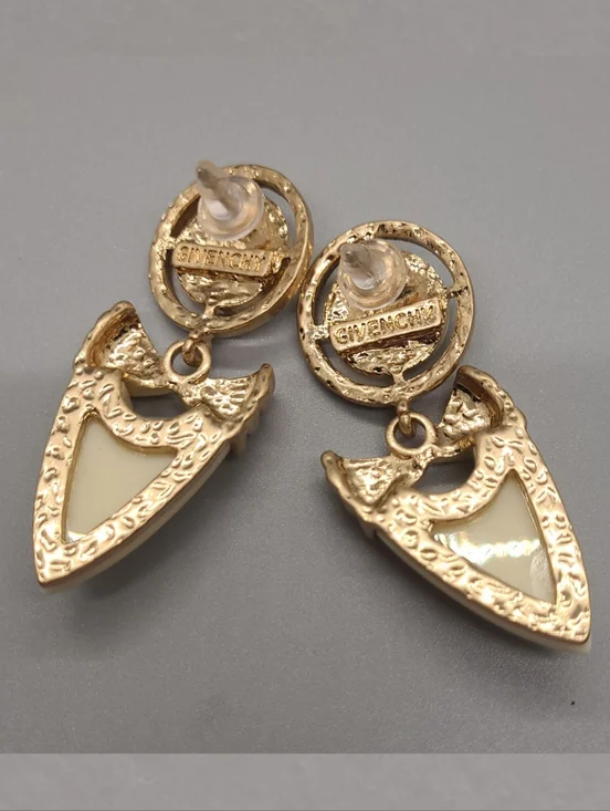 Vintage Estate Givenchy Cream Enamel Crystal Greek Key Bow Gold Earrings - Picture 16 of 16